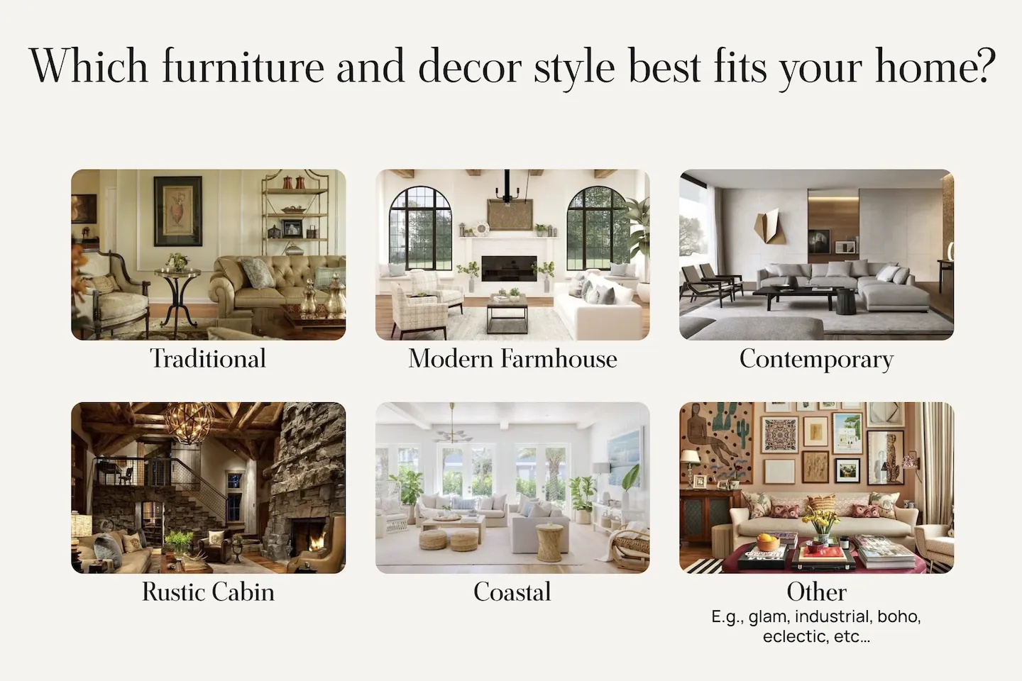 Our flooring quiz displaying furniture and decor style options.