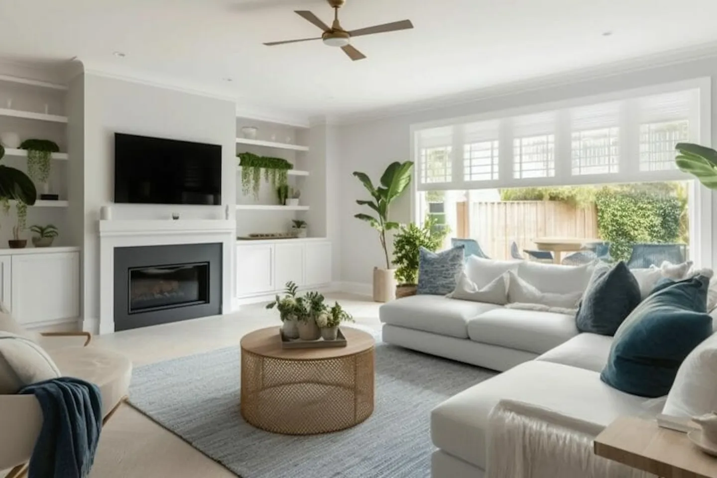 Bright living room with large windows, light hardwood flooring, and beachy decor including a white sectional sofa, blue accents, and a striped area rug, creating a coastal vibe.