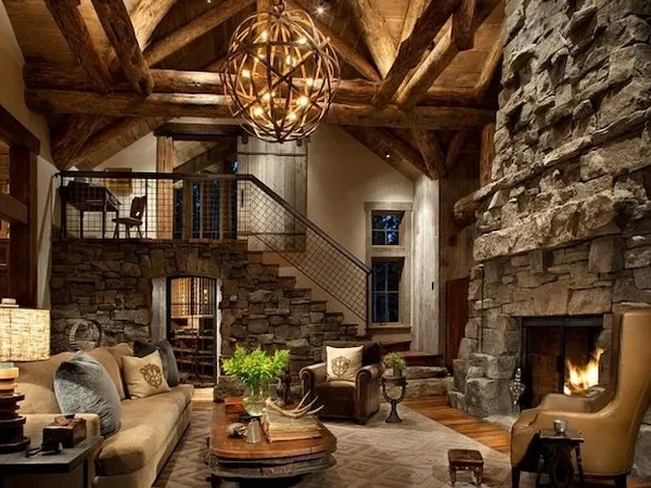 Cozy rustic cabin interior with natural wood elements, warm textiles, and charming accents that evoke a sense of mountain retreat living.