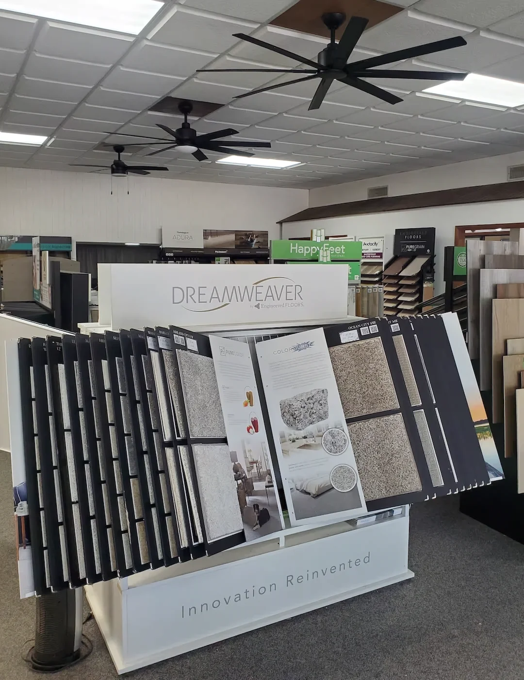 Carpet sample displays inside the Salina Appliance and Flooring showroom
