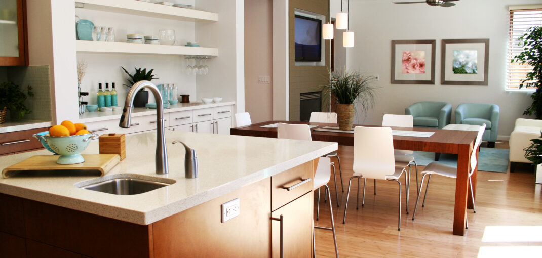 Modern kitchen with luxury vinyl plank floors.