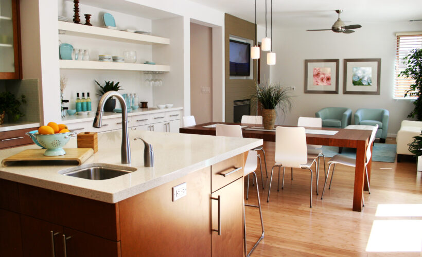 Modern kitchen with luxury vinyl plank floors.